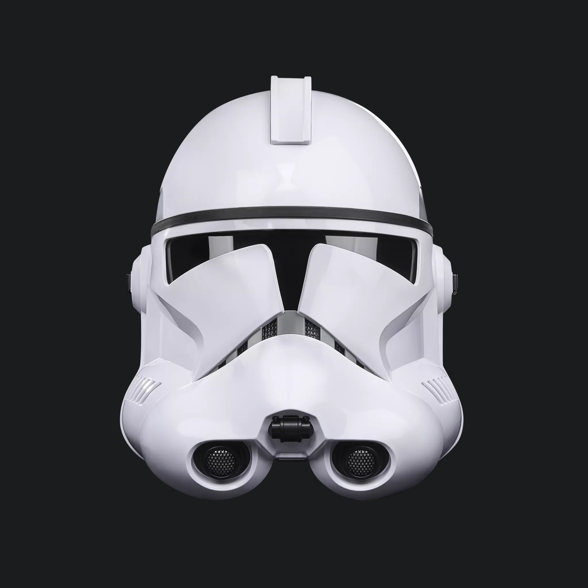 Star Wars The Black Series Phase II Clone Trooper Premium Electronic Helmet, front view showing white armor and black visor against a dark background.
