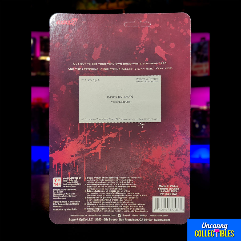 American Psycho Patrick Bateman In Raincoat Super7 ReAction Figure 10cm – Movie Icons & Heroes, Super7, 10 cm, 2024, brand new collector item, Uncanny Collectibles Dublin Ireland