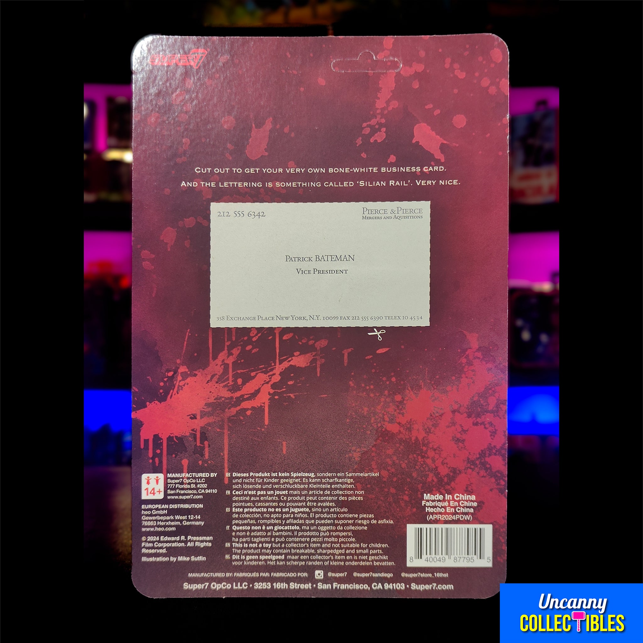 American Psycho Patrick Bateman In Raincoat Super7 ReAction Figure 10cm – Movie Icons & Heroes, Super7, 10 cm, 2024, brand new collector item, Uncanny Collectibles Dublin Ireland