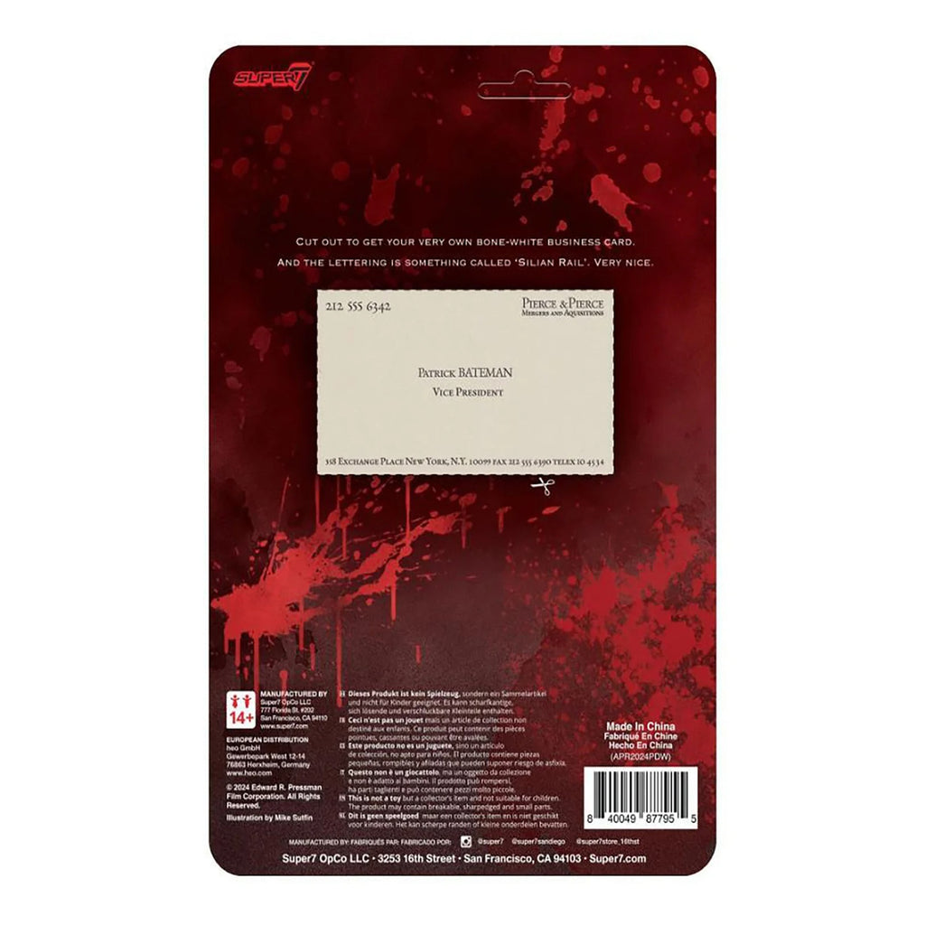 American Psycho Patrick Bateman In Raincoat Super7 ReAction Figure 10cm – Movie Icons & Heroes, Super7, 10 cm, 2024, brand new collector item, Uncanny Collectibles Dublin Ireland