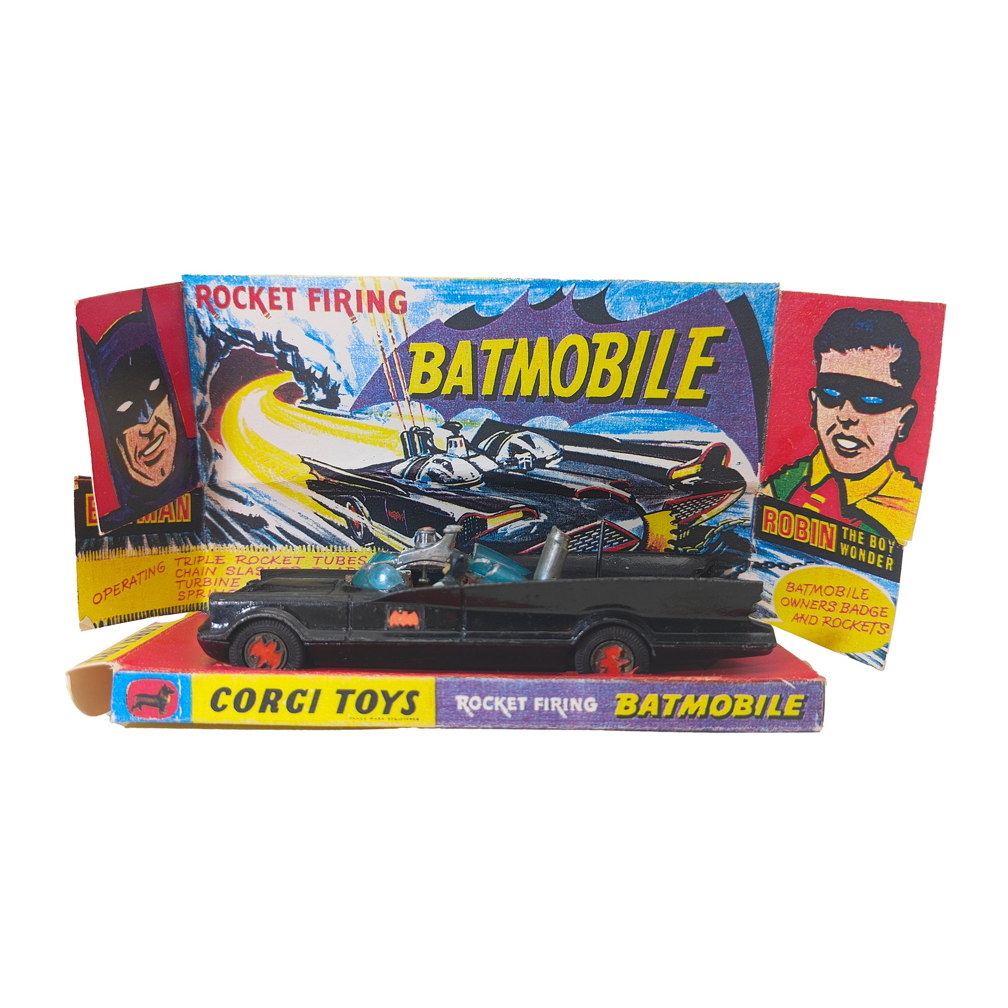 Batmobile Rocket Firing Batmobile with Batman and Robin Corgi Toys 267 Bundle – Batman, Corgi, 13 cm, pre-owned collector piece, Uncanny Collectibles Dublin Ireland