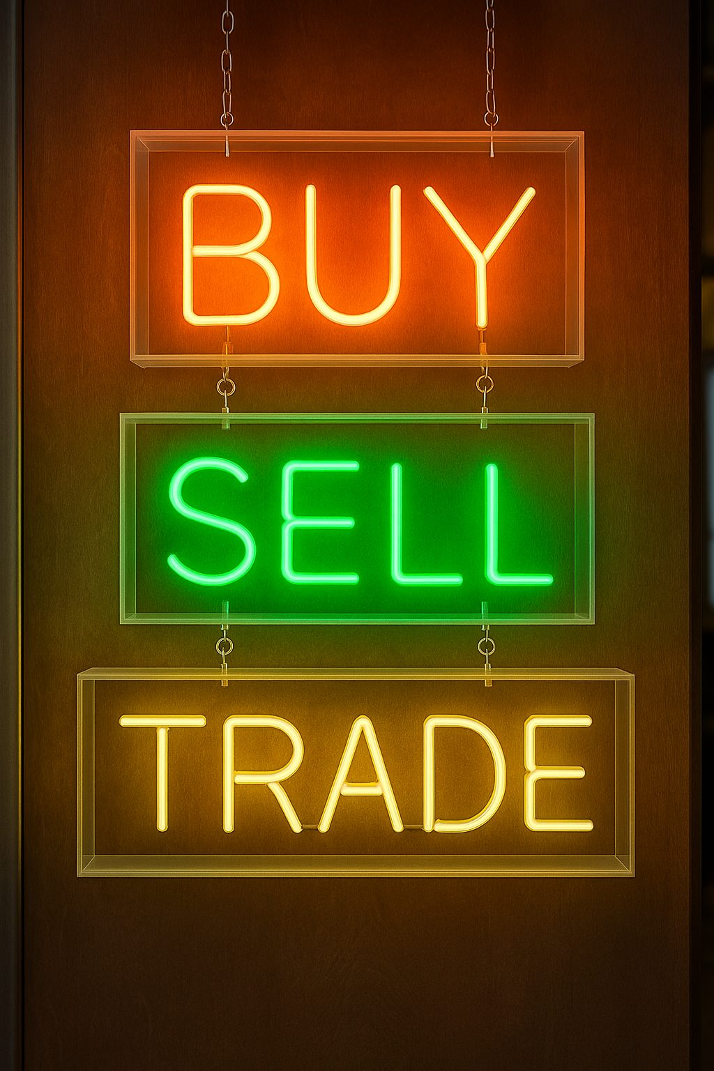 Vertical neon sign reading Buy, Sell, Trade in orange, green and yellow against a dark wooden background, representing toy store trade-in options