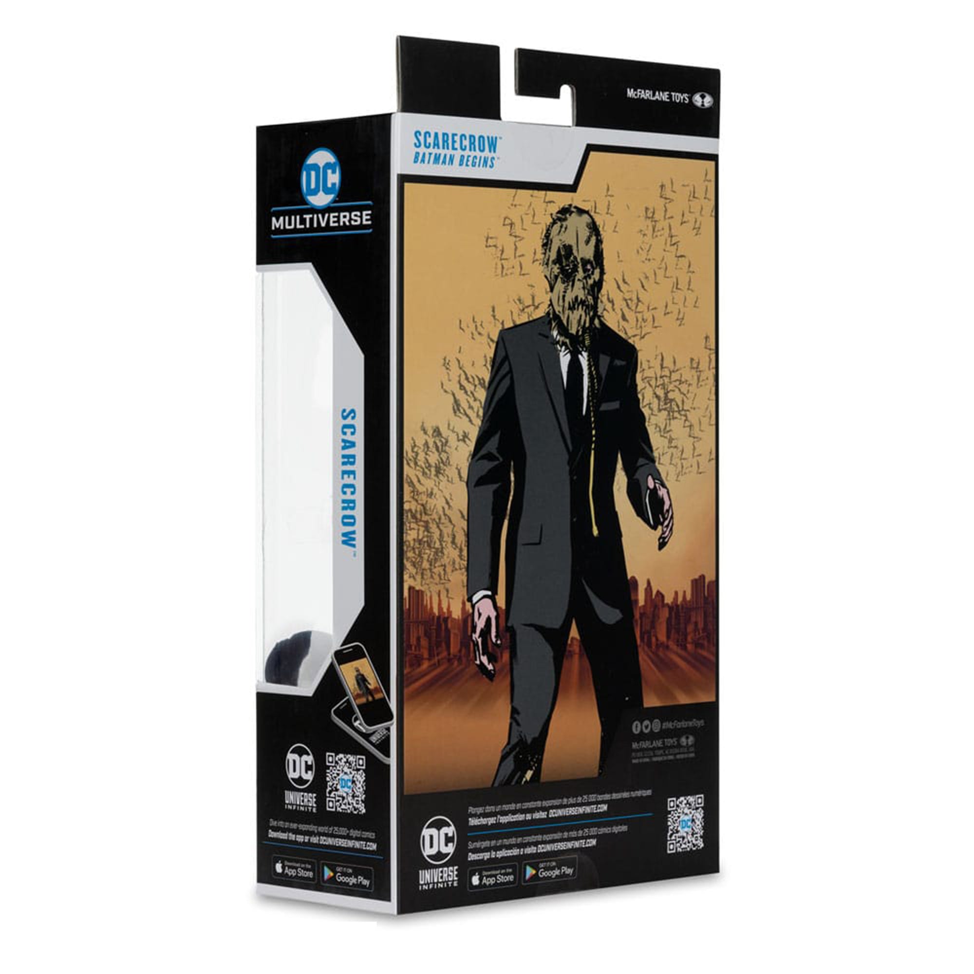 Batman Begins DC Multiverse Scarecrow Chase variant action figure in packaging, 18cm tall, featuring burlap mask and tattered lab coat