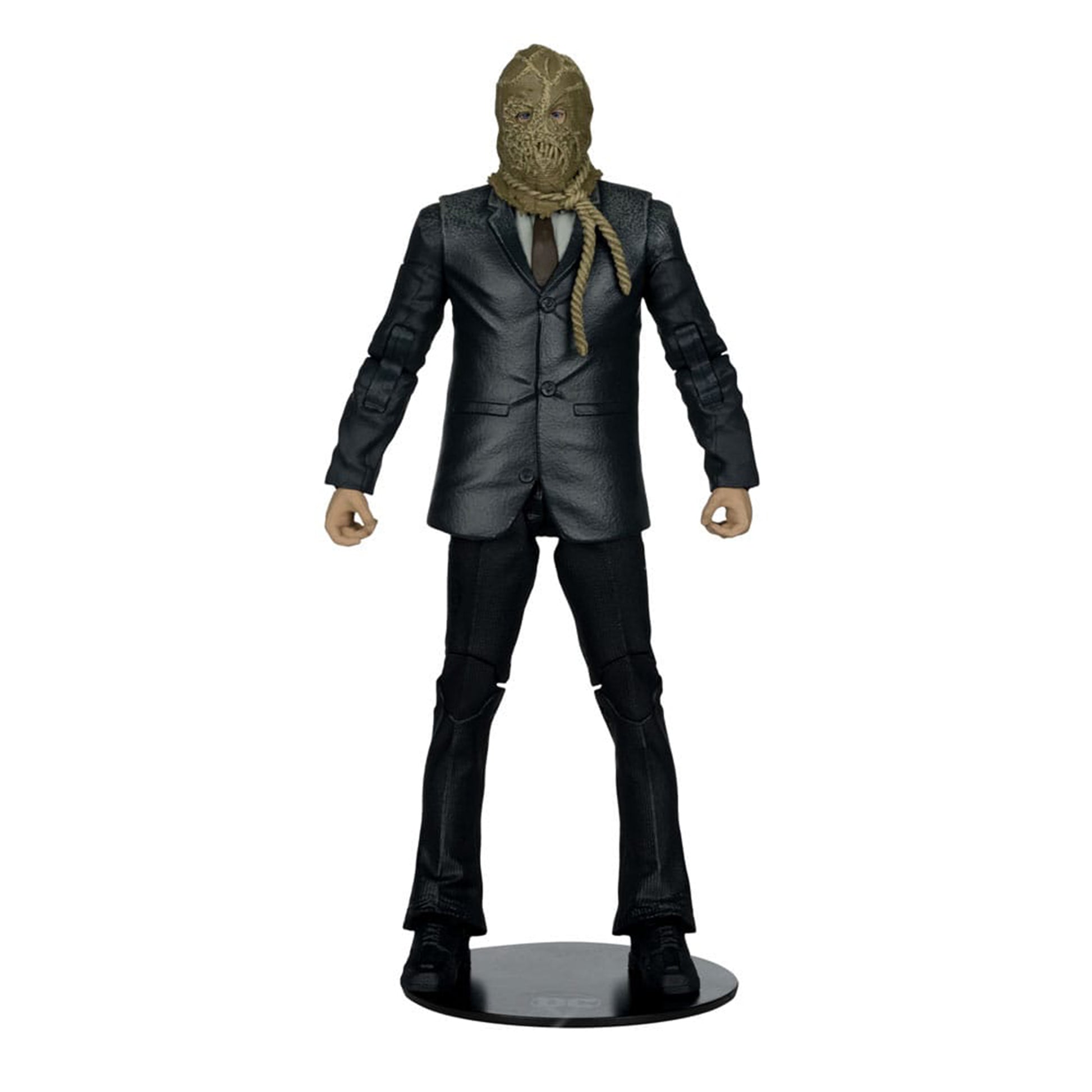 Batman Begins DC Multiverse Scarecrow Chase variant action figure in packaging, 18cm tall, featuring burlap mask and tattered lab coat