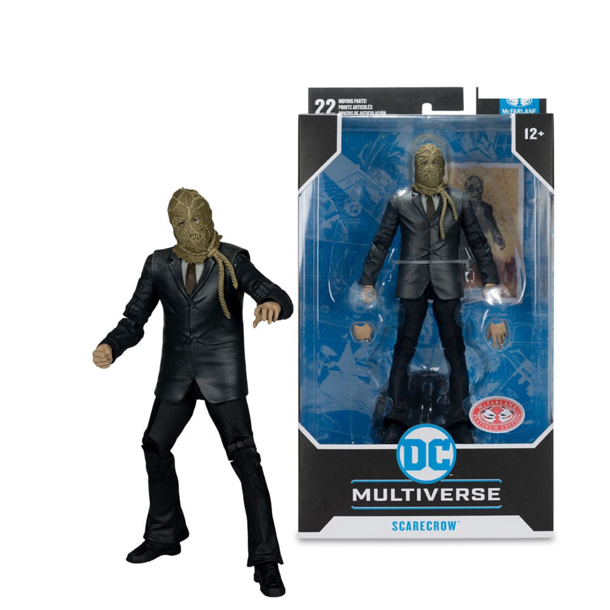 Batman Begins DC Multiverse Scarecrow Chase variant action figure in packaging, 18cm tall, featuring burlap mask and tattered lab coat