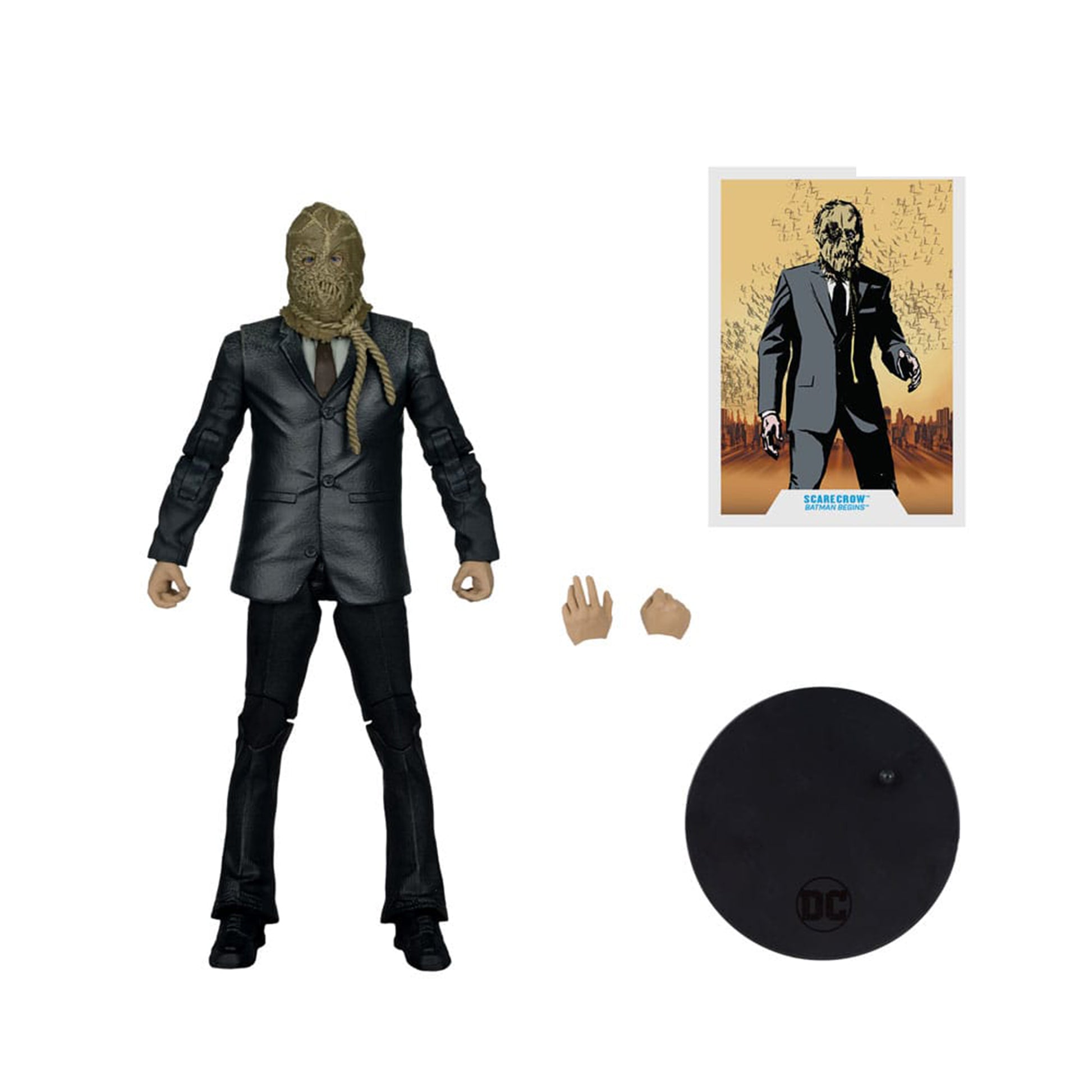 Batman Begins DC Multiverse Scarecrow Chase variant action figure in packaging, 18cm tall, featuring burlap mask and tattered lab coat
