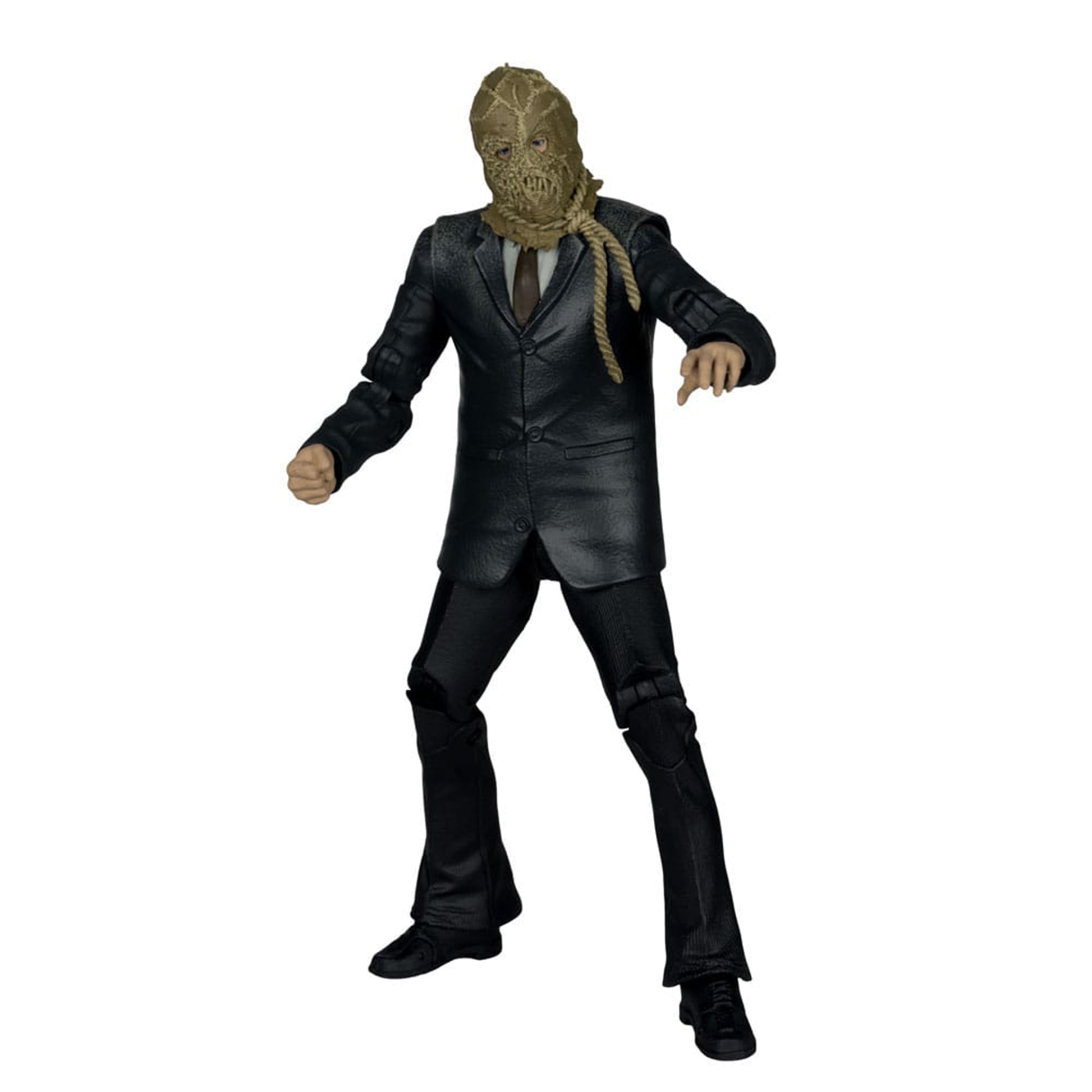 Batman Begins DC Multiverse Scarecrow Chase variant action figure in packaging, 18cm tall, featuring burlap mask and tattered lab coat