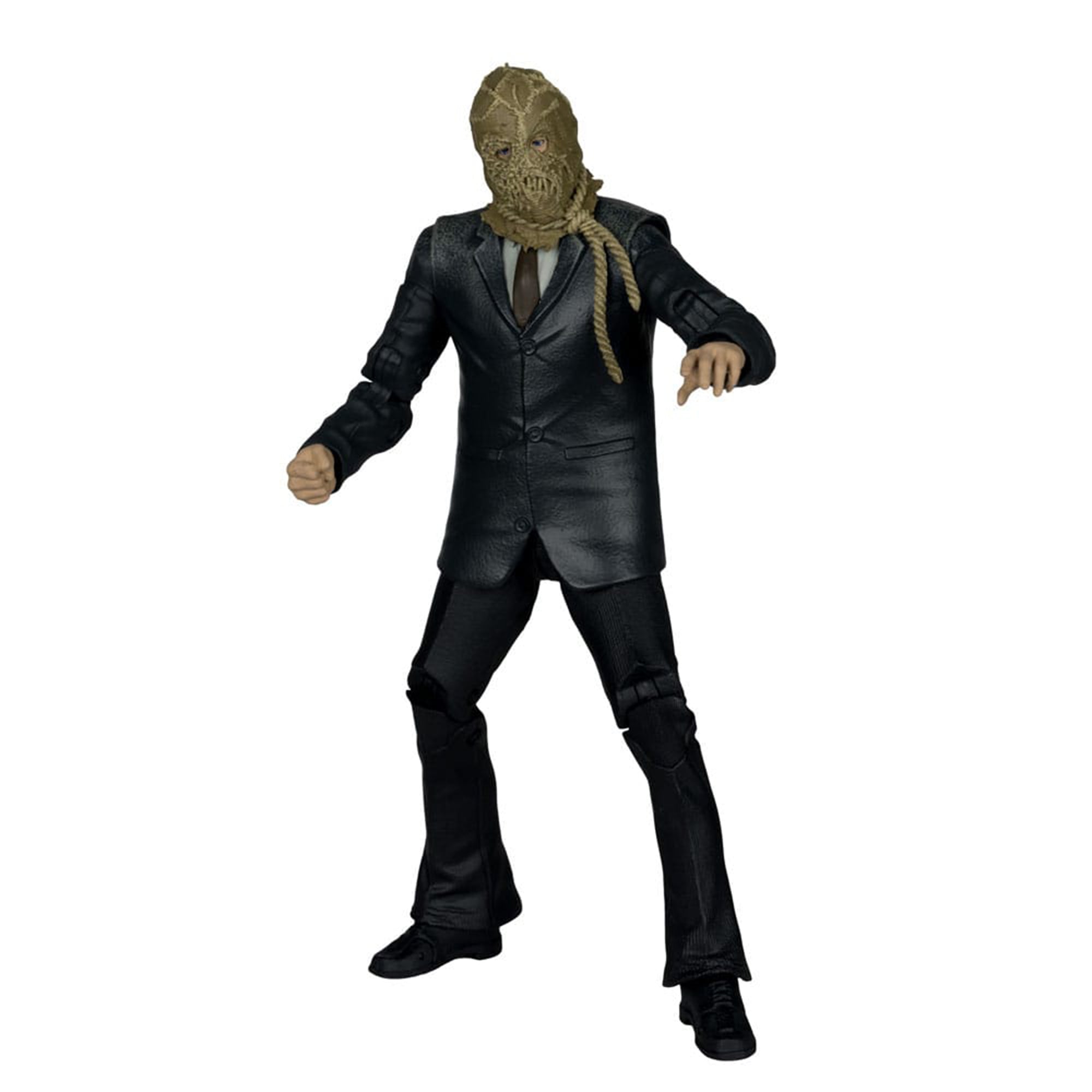 Batman Begins DC Multiverse Scarecrow Chase variant action figure in packaging, 18cm tall, featuring burlap mask and tattered lab coat