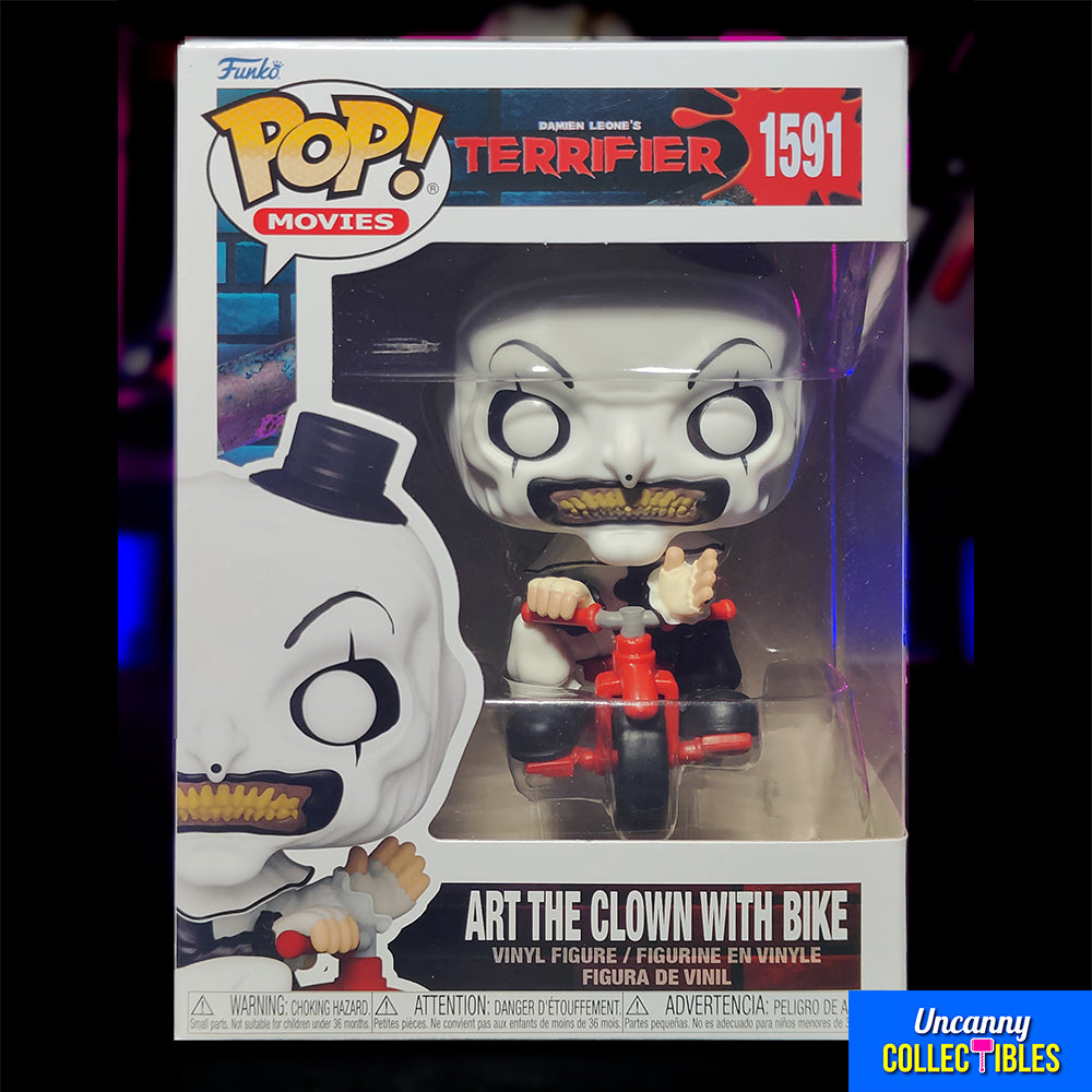 Terrifier Art the Clown Funko POP vinyl figure permanently mounted on tricycle, 9cm tall, in window box packaging