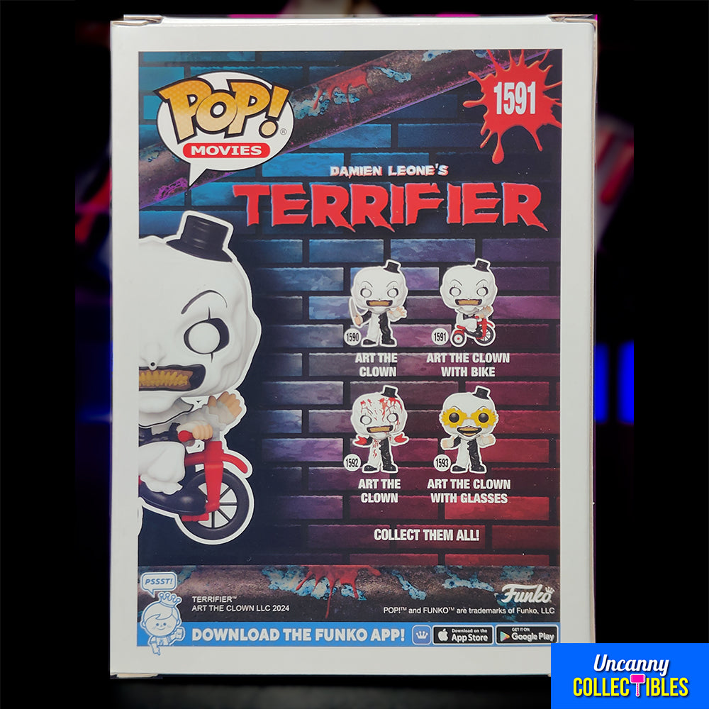 Terrifier Art the Clown Funko POP vinyl figure permanently mounted on tricycle, 9cm tall, in window box packaging
