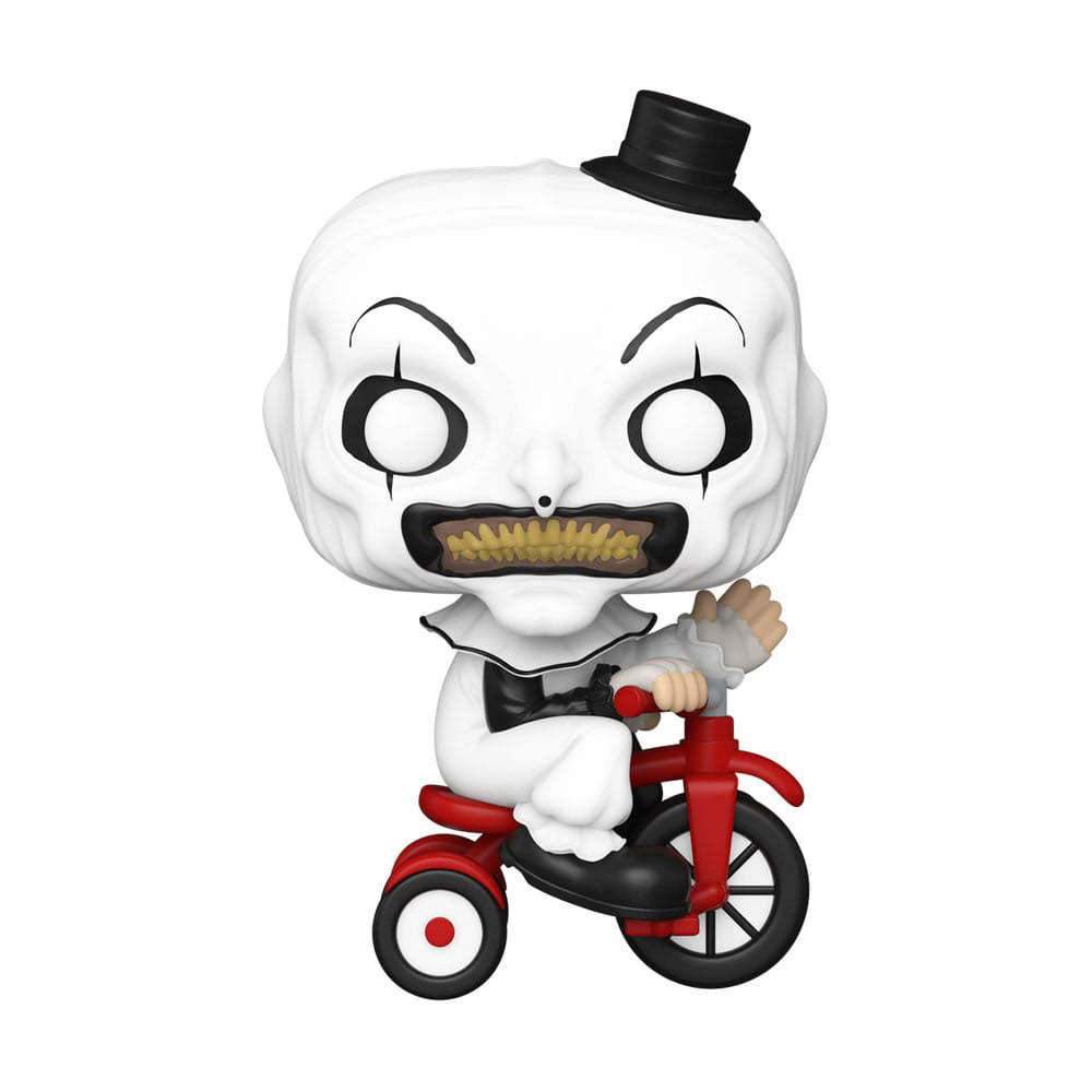 Terrifier Art the Clown Funko POP vinyl figure permanently mounted on tricycle, 9cm tall, in window box packaging