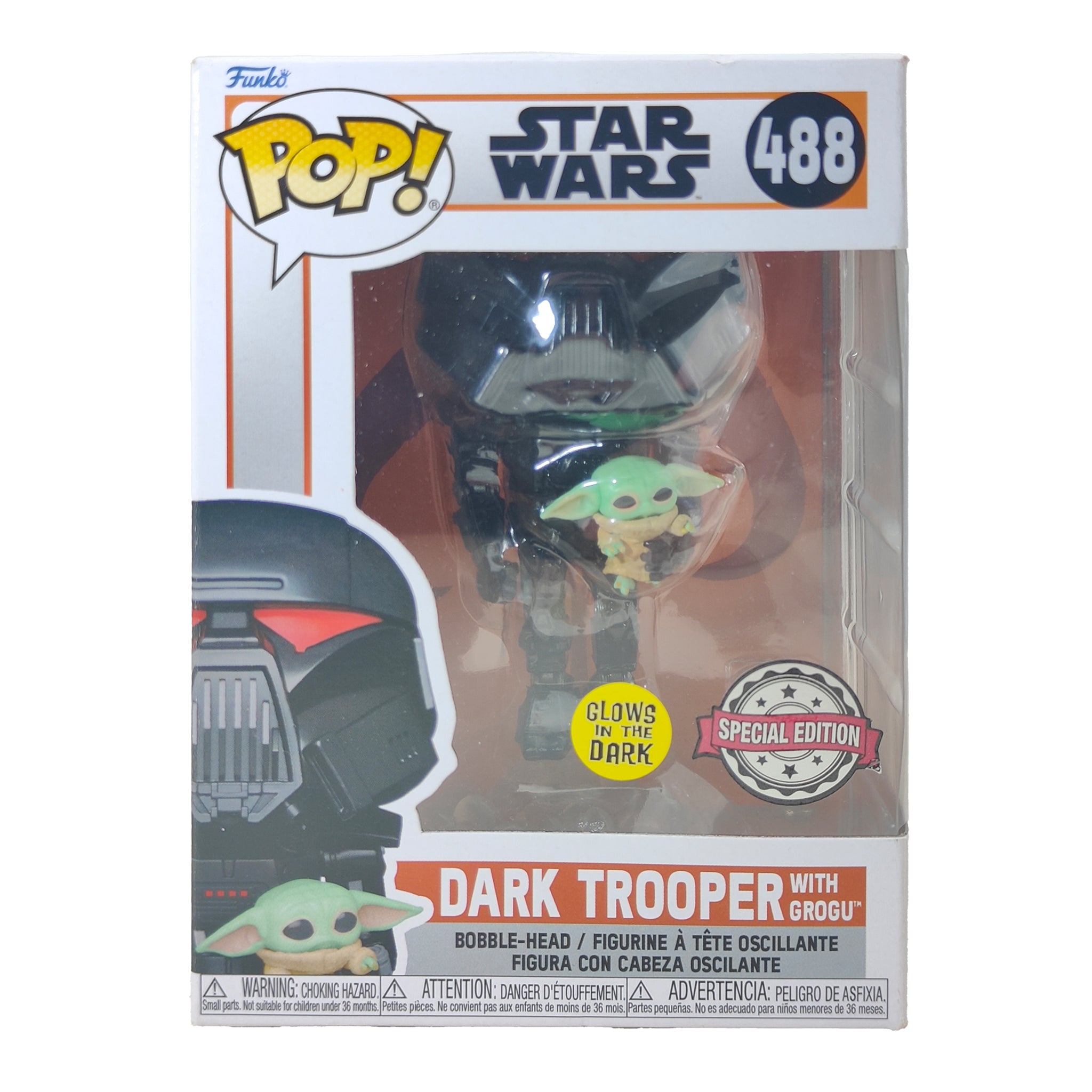 Funko POP Star Wars Dark Trooper With Grogu #488 GITD Vinyl Figure 2021 – Star Wars, Funko, 9.5 cm, 2021, pre-owned collector piece, Uncanny Collectibles Dublin Ireland