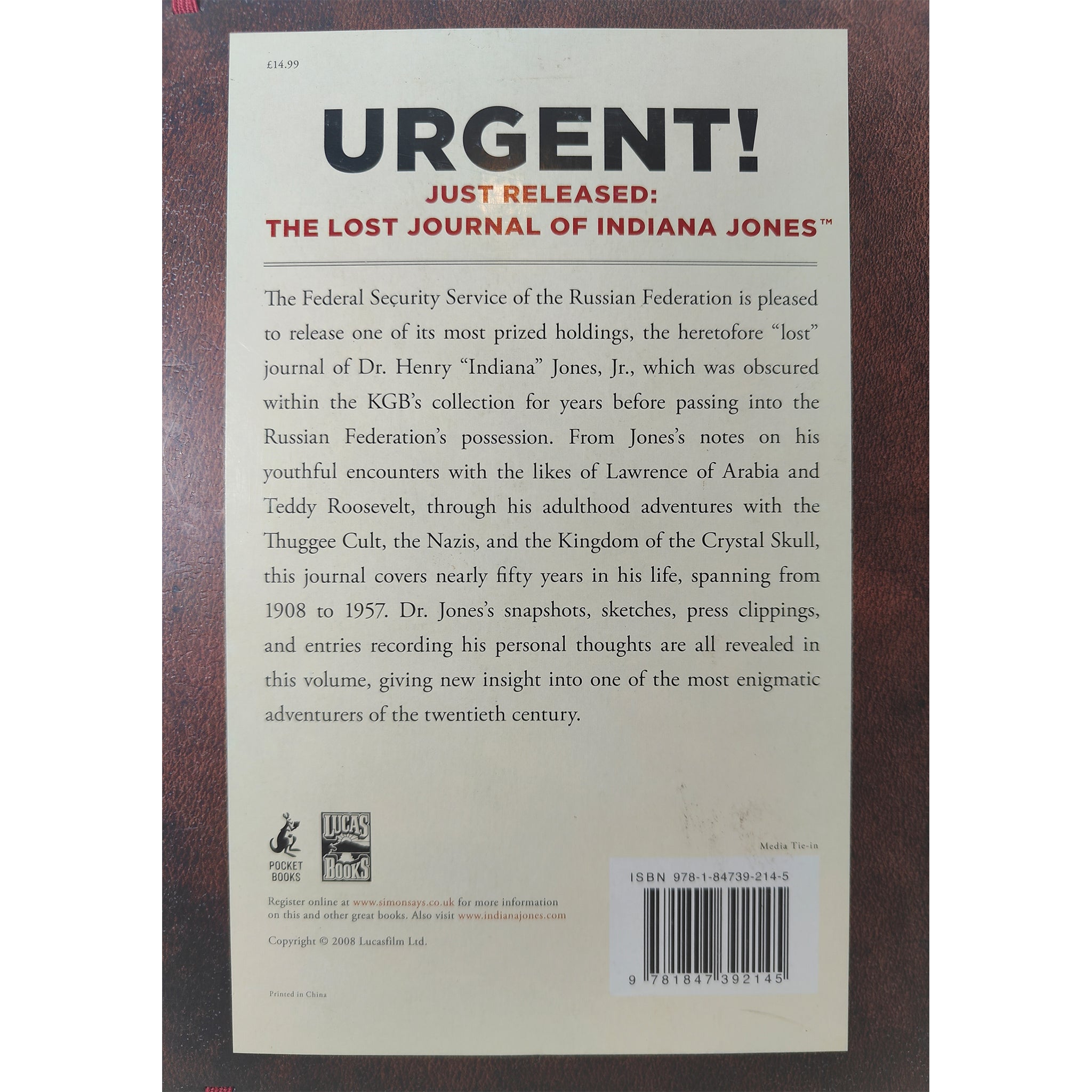 Indiana Jones The Lost Journal Hardback Book Lucasfilm Pocket Books 2008