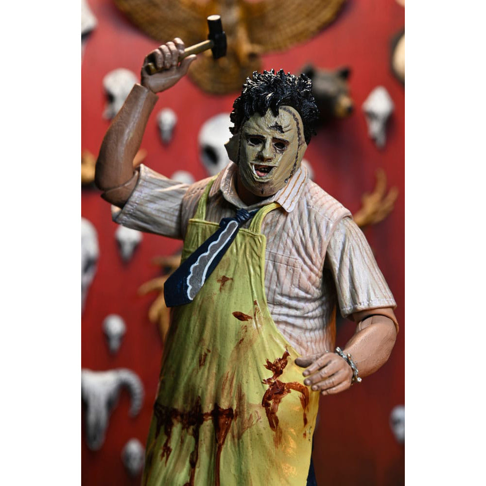 NECA Texas Chainsaw Massacre Leatherface 50th Anniversary clothed action figure, 20cm tall, with real fabric clothing and multiple masks