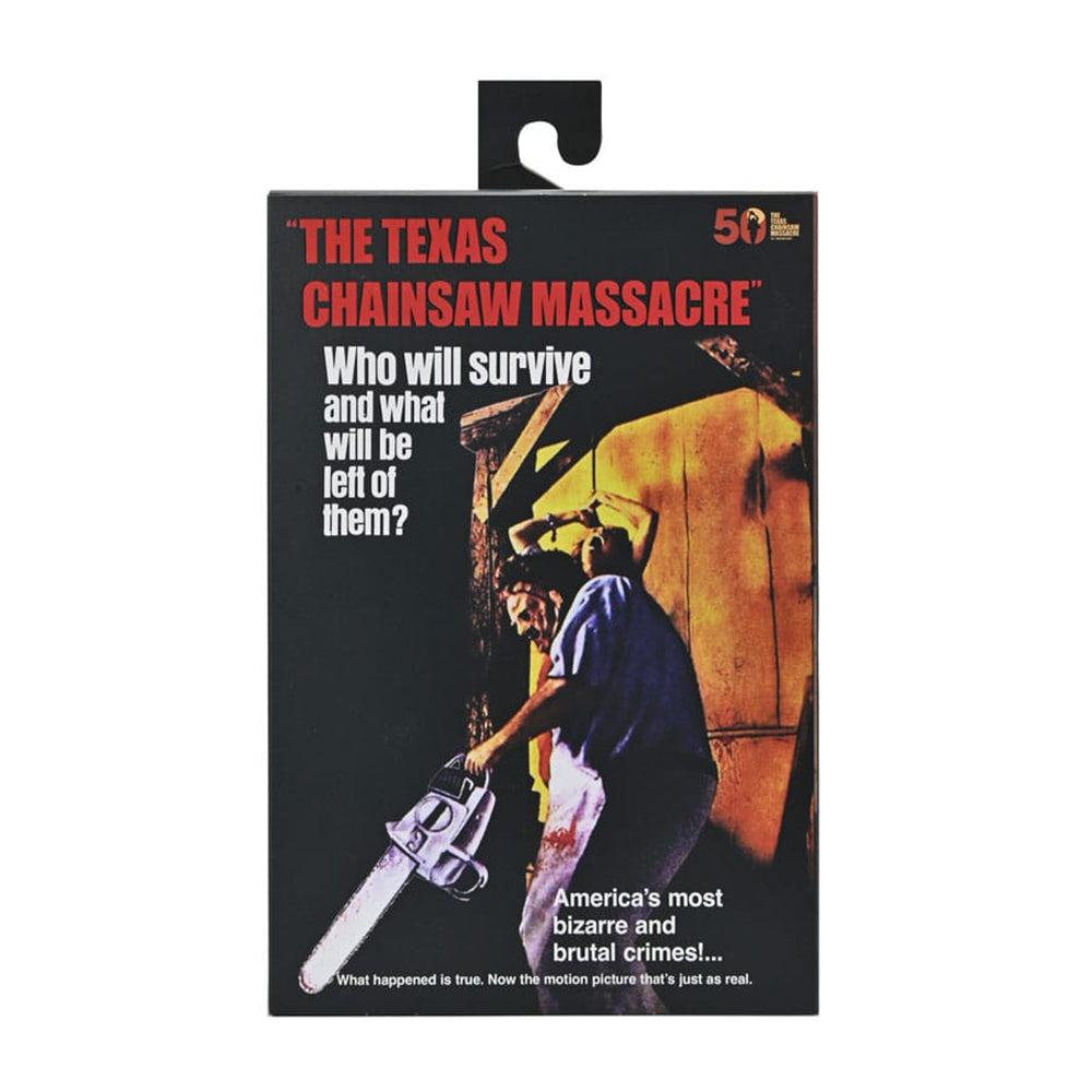 NECA Texas Chainsaw Massacre Leatherface 50th Anniversary clothed action figure, 20cm tall, with real fabric clothing and multiple masks