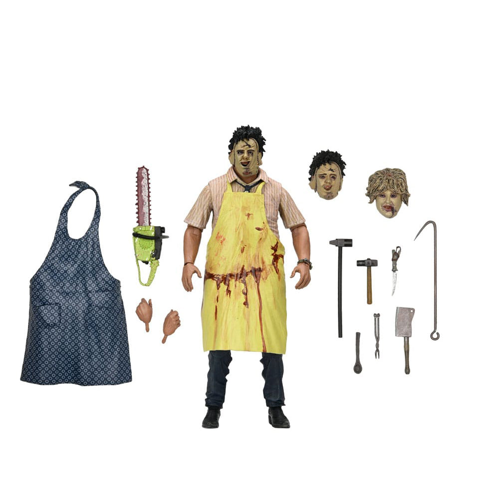 NECA Texas Chainsaw Massacre Leatherface 50th Anniversary clothed action figure, 20cm tall, with real fabric clothing and multiple masks