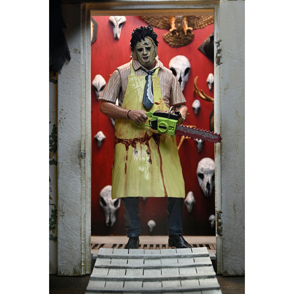 NECA Texas Chainsaw Massacre Leatherface 50th Anniversary clothed action figure, 20cm tall, with real fabric clothing and multiple masks