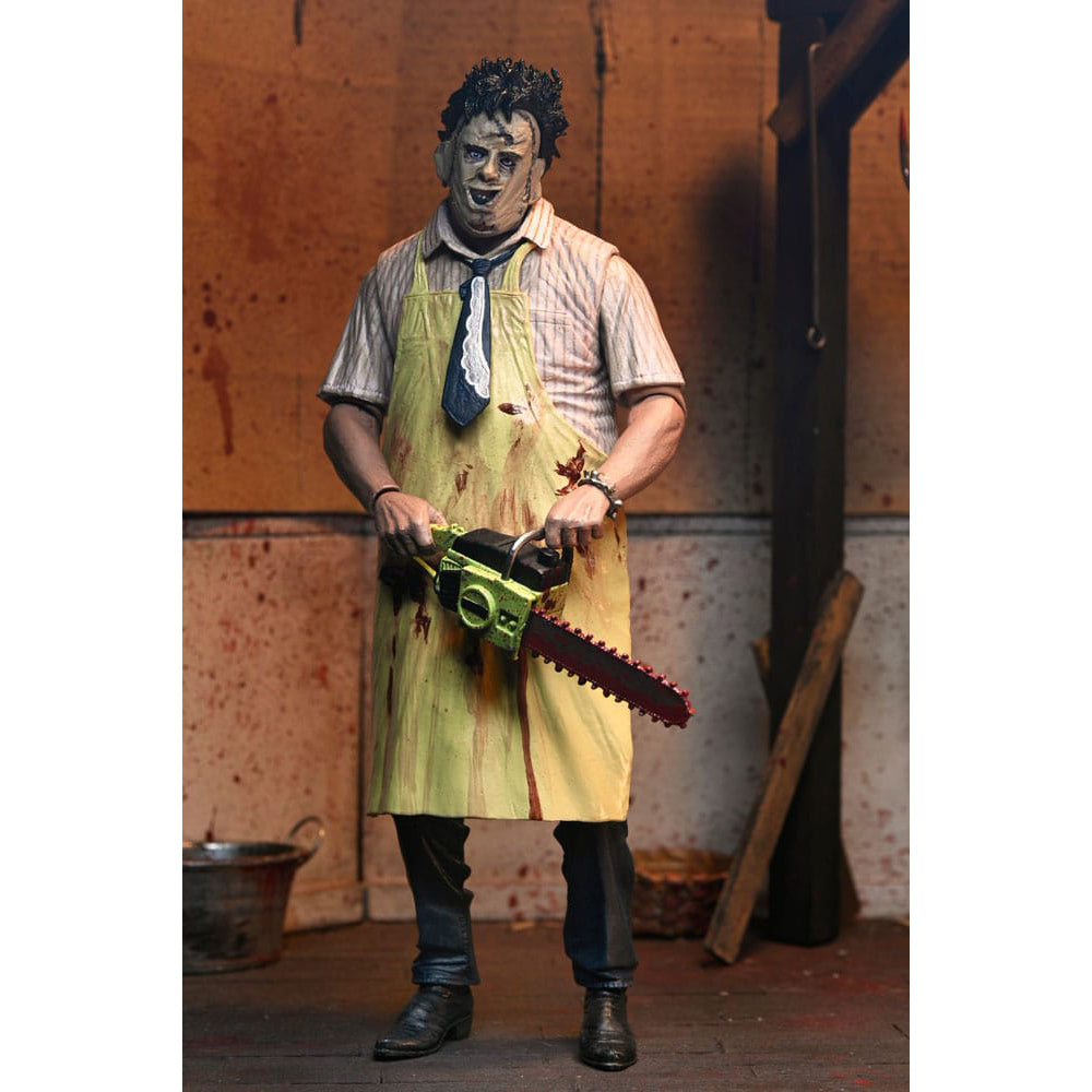 NECA Texas Chainsaw Massacre Leatherface 50th Anniversary clothed action figure, 20cm tall, with real fabric clothing and multiple masks