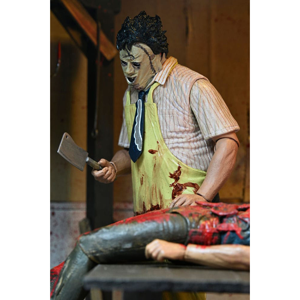 NECA Texas Chainsaw Massacre Leatherface 50th Anniversary clothed action figure, 20cm tall, with real fabric clothing and multiple masks