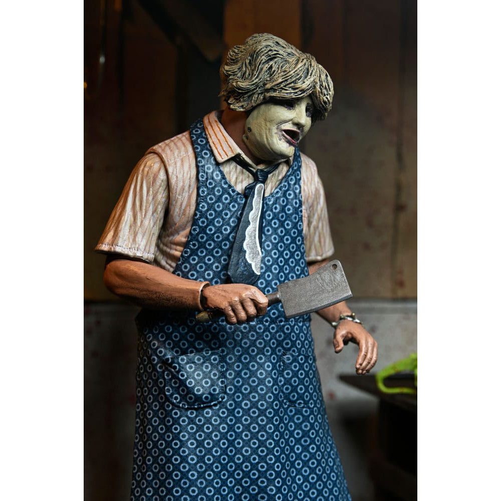 NECA Texas Chainsaw Massacre Leatherface 50th Anniversary clothed action figure, 20cm tall, with real fabric clothing and multiple masks