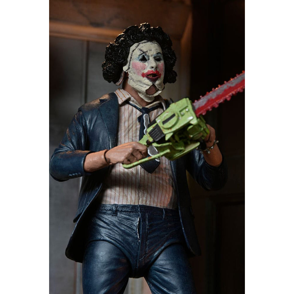 NECA Texas Chainsaw Massacre Ultimate Pretty Woman Leatherface 50th Anniversary action figure, 18cm tall, featuring suit and makeup with windswept jacket