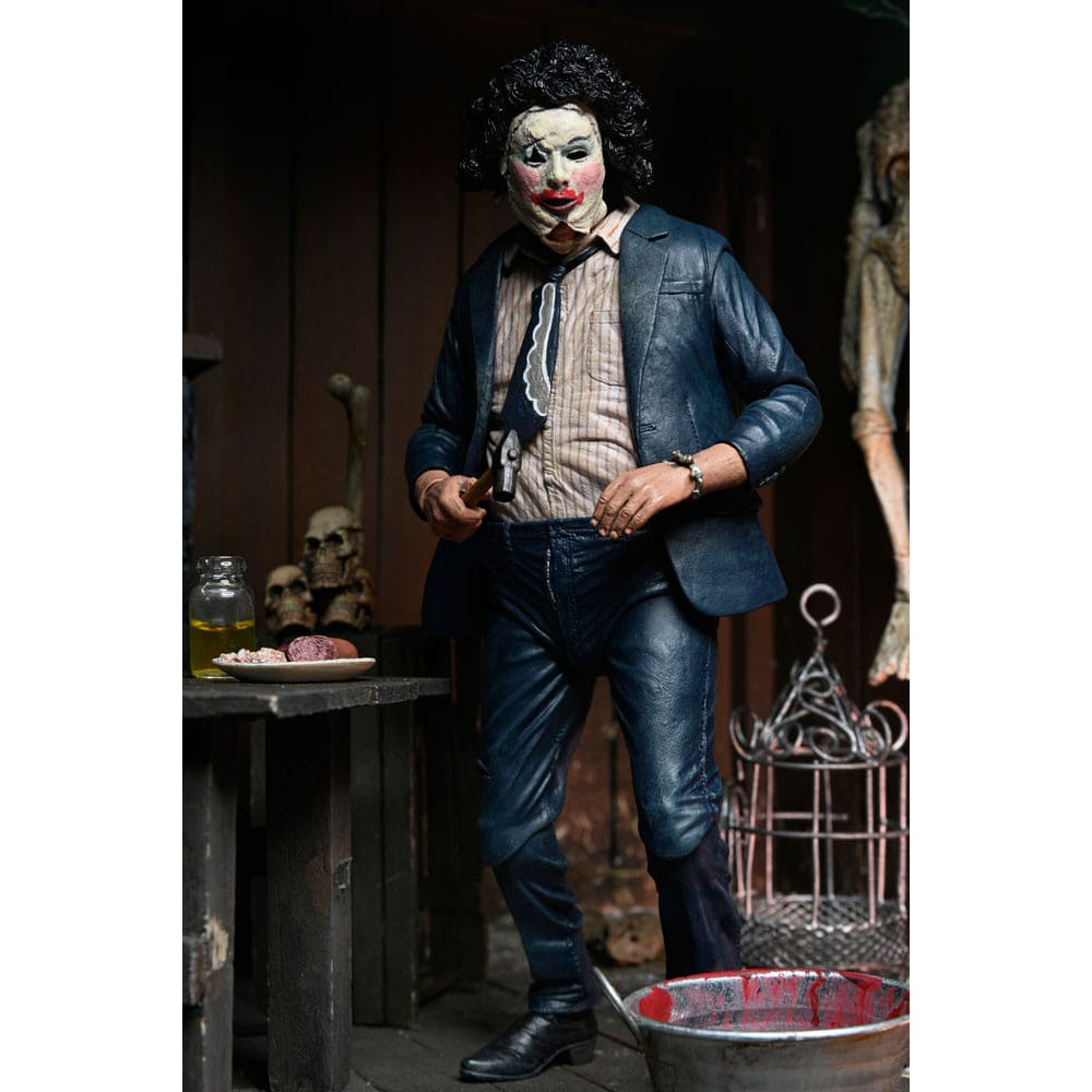 NECA Texas Chainsaw Massacre Ultimate Pretty Woman Leatherface 50th Anniversary action figure, 18cm tall, featuring suit and makeup with windswept jacket
