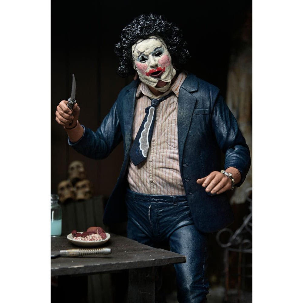NECA Texas Chainsaw Massacre Ultimate Pretty Woman Leatherface 50th Anniversary action figure, 18cm tall, featuring suit and makeup with windswept jacket