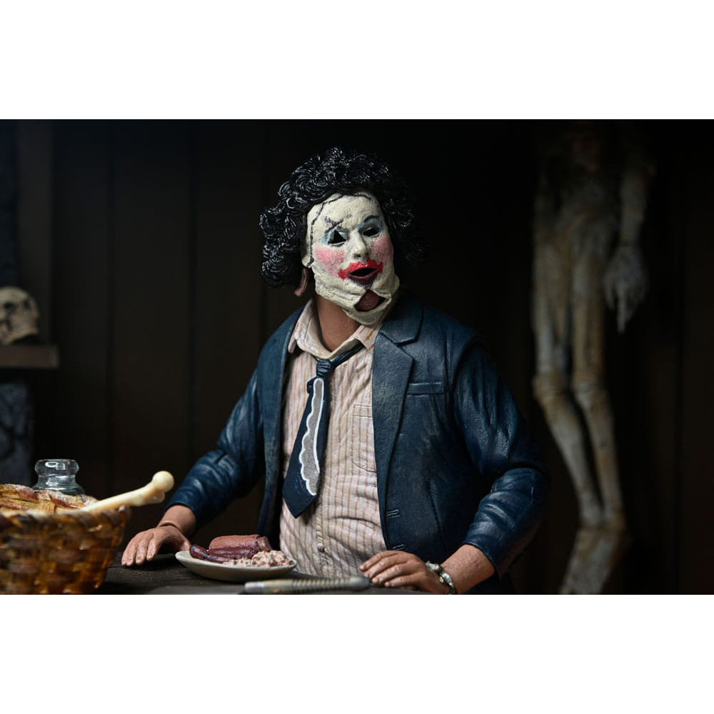 NECA Texas Chainsaw Massacre Ultimate Pretty Woman Leatherface 50th Anniversary action figure, 18cm tall, featuring suit and makeup with windswept jacket