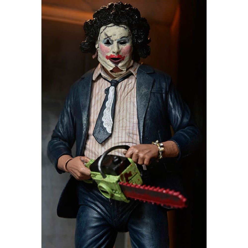 NECA Texas Chainsaw Massacre Ultimate Pretty Woman Leatherface 50th Anniversary action figure, 18cm tall, featuring suit and makeup with windswept jacket