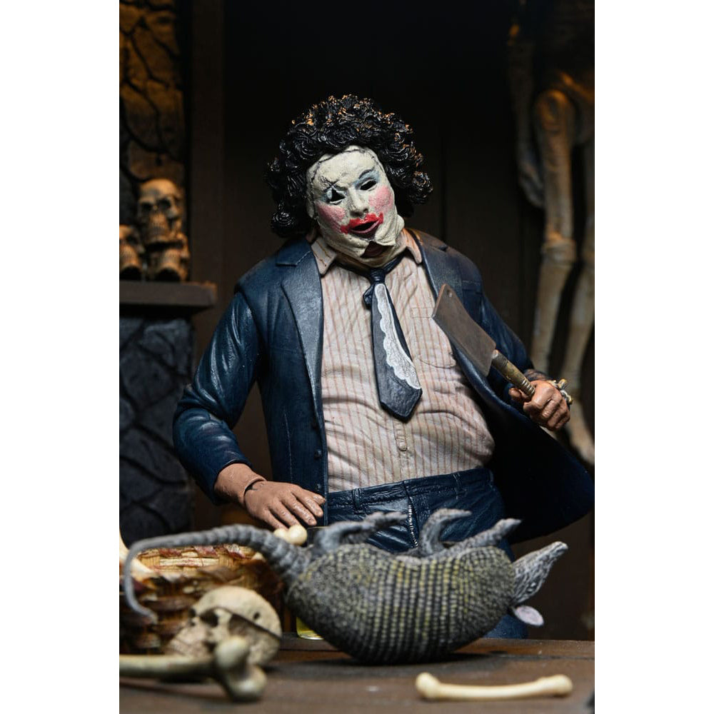 NECA Texas Chainsaw Massacre Ultimate Pretty Woman Leatherface 50th Anniversary action figure, 18cm tall, featuring suit and makeup with windswept jacket