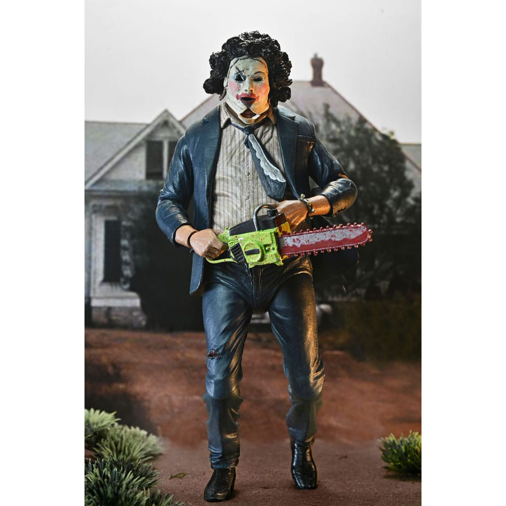 NECA Texas Chainsaw Massacre Ultimate Pretty Woman Leatherface 50th Anniversary action figure, 18cm tall, featuring suit and makeup with windswept jacket