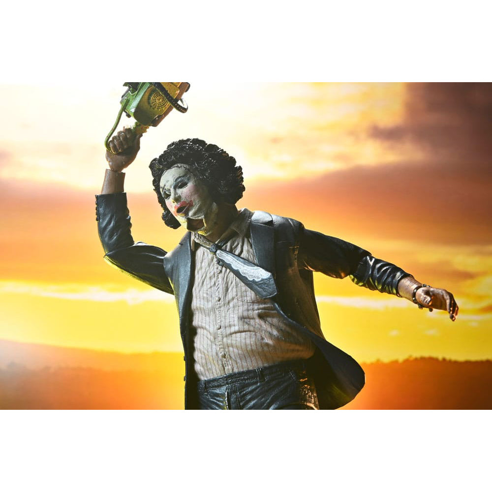 NECA Texas Chainsaw Massacre Ultimate Pretty Woman Leatherface 50th Anniversary action figure, 18cm tall, featuring suit and makeup with windswept jacket