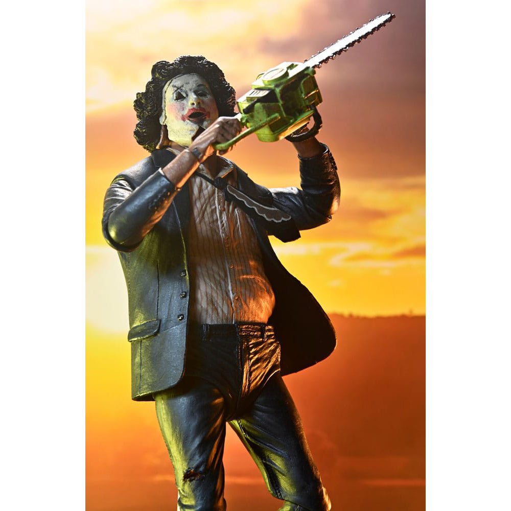 NECA Texas Chainsaw Massacre Ultimate Pretty Woman Leatherface 50th Anniversary action figure, 18cm tall, featuring suit and makeup with windswept jacket