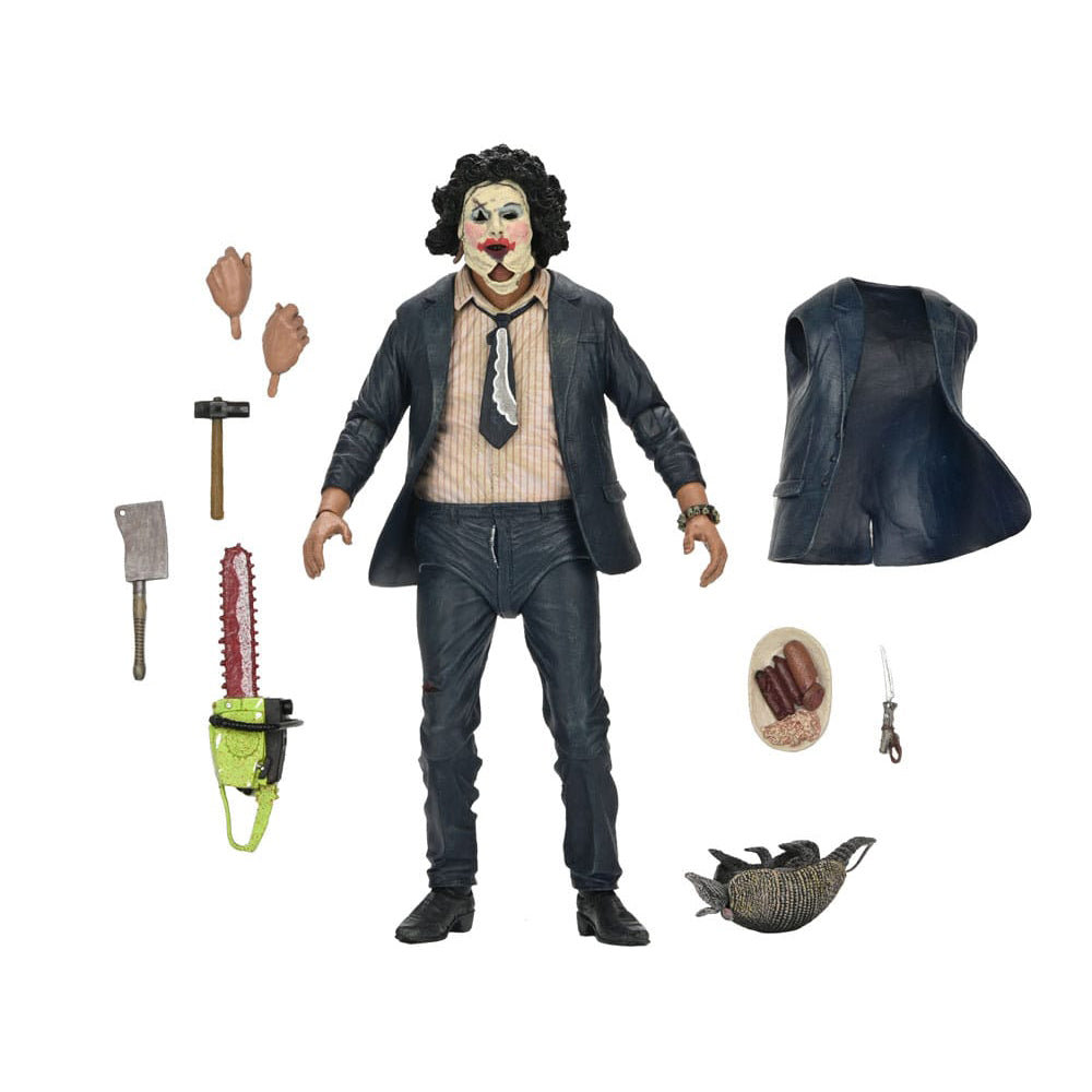 NECA Texas Chainsaw Massacre Ultimate Pretty Woman Leatherface 50th Anniversary action figure, 18cm tall, featuring suit and makeup with windswept jacket