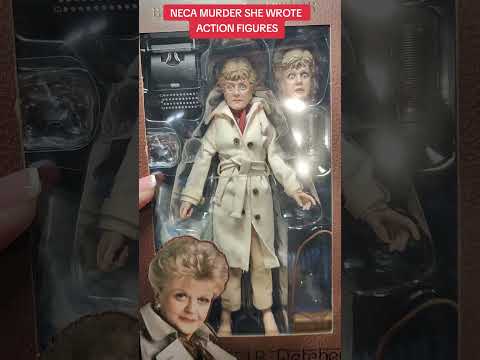 Boxed NECA retro-style 8-inch action figure of Jessica Fletcher from Murder, She Wrote, featuring a cloth trench coat, alternate head, typewriter, and accessories, displayed against a collector shelf background