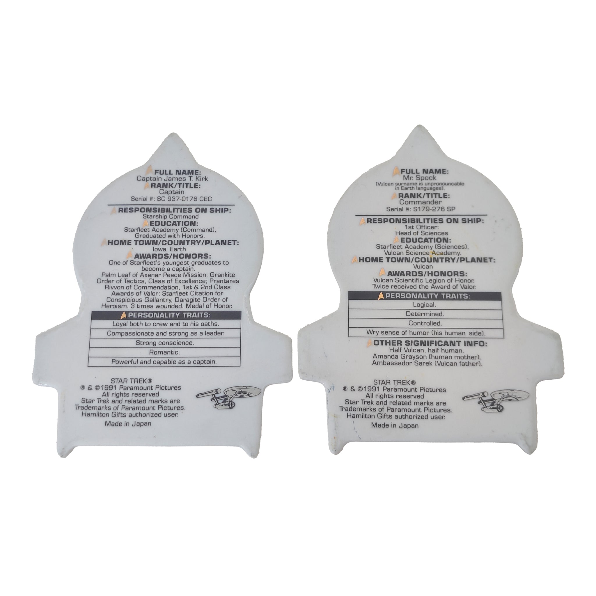 Star Trek Kirk and Spock Porcelain Trading Cards with Stands 1991 Hamilton Gifts