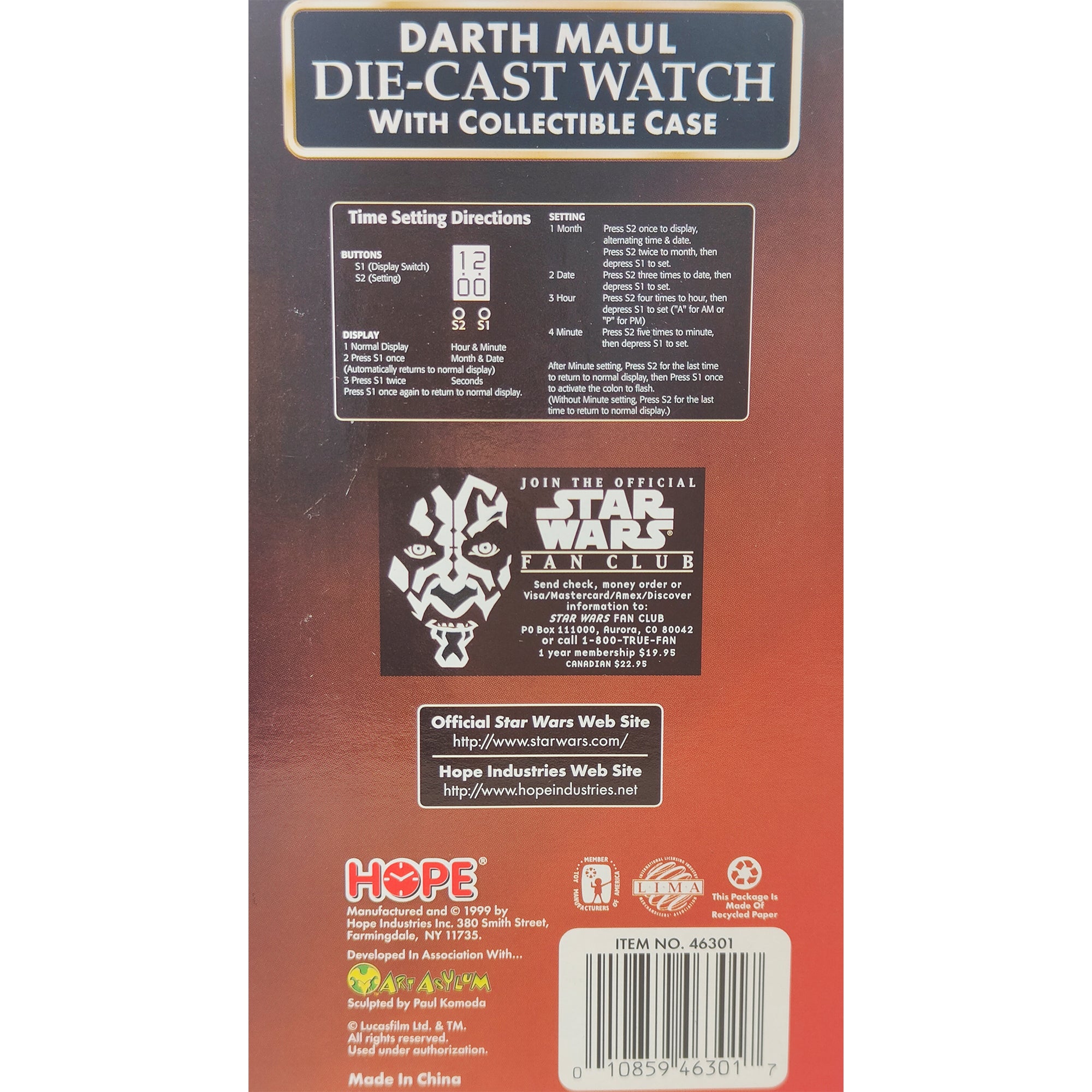 Star Wars Episode 1 Darth Maul Diecast Watch With Collectible Case 1999