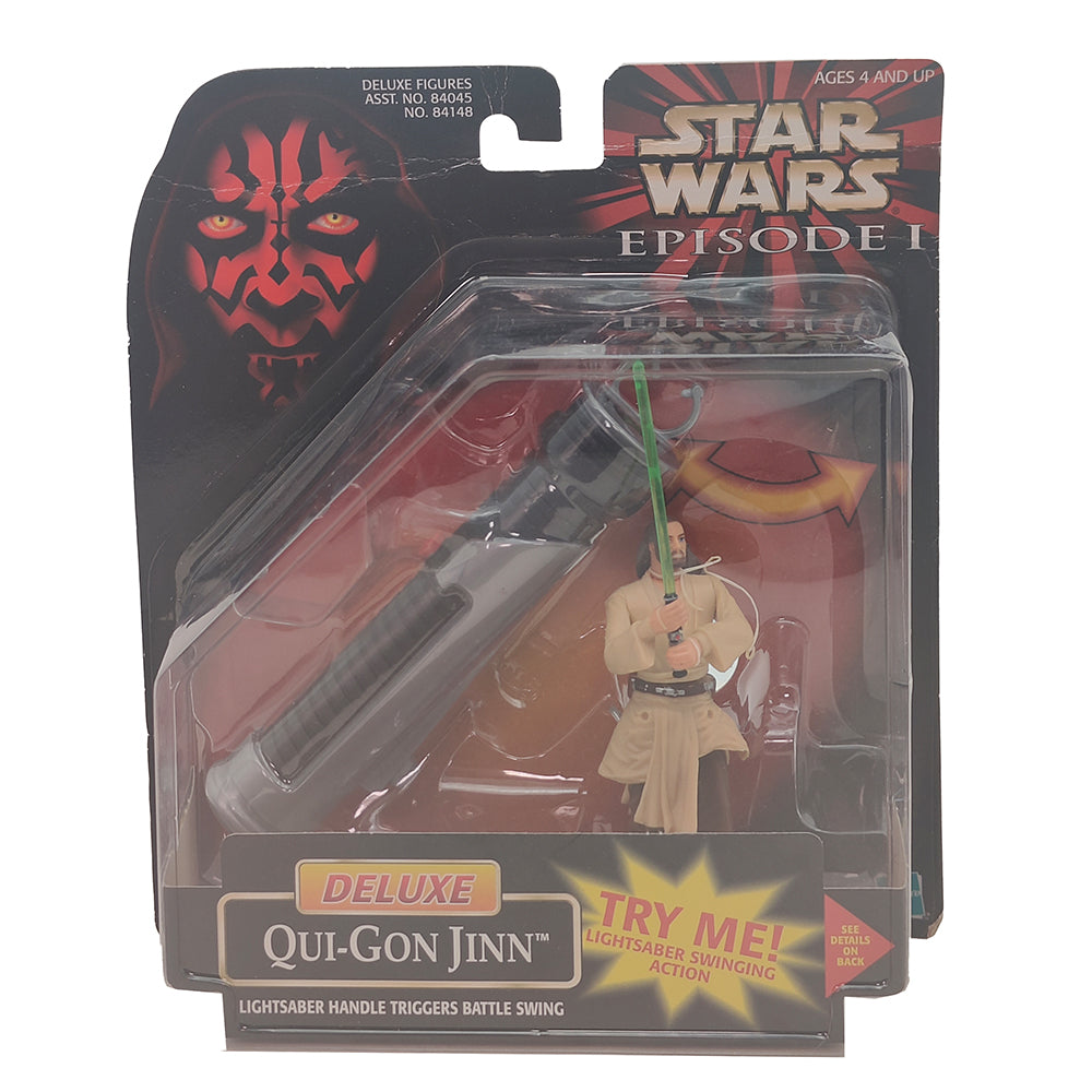 Star Wars Episode 1 Deluxe Qui Gon Jinn 3.75 Inch Action Figure With Lightsaber Handle Hasbro 1999 – Star Wars, Hasbro, 9.5 cm, 1999, pre-owned collector piece, Uncanny Collectibles Dublin Ireland