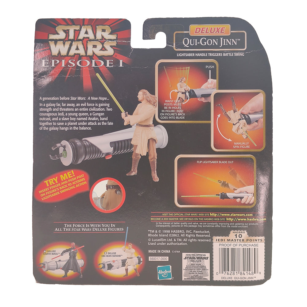 Star Wars Episode 1 Deluxe Qui Gon Jinn 3.75 Inch Action Figure With Lightsaber Handle Hasbro 1999 – Star Wars, Hasbro, 9.5 cm, 1999, pre-owned collector piece, Uncanny Collectibles Dublin Ireland