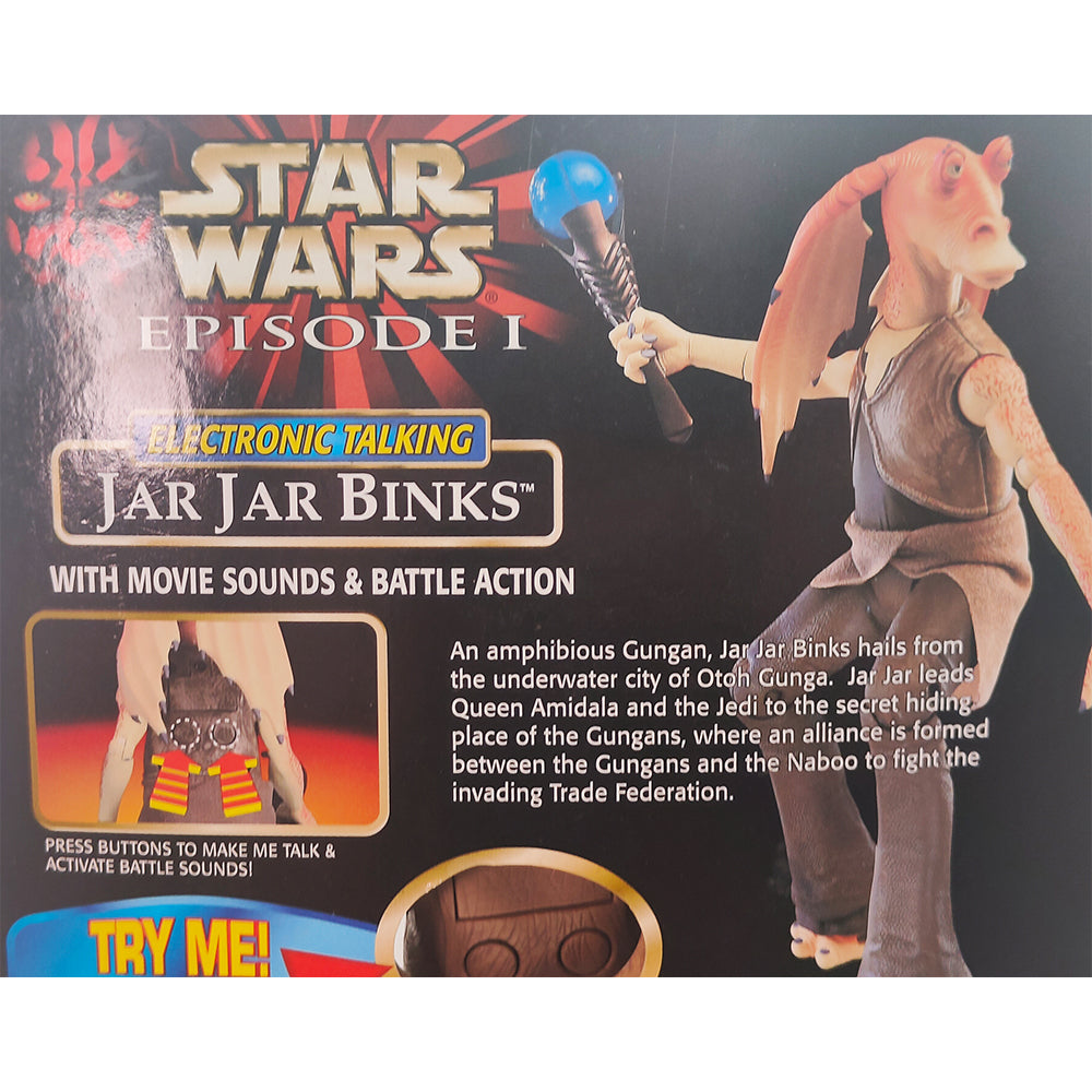 Star Wars Episode 1 Electronic Talking Jar Jar Binks With Movie Sounds and Battle Action 30 cm Action Figure Hasbro 1999 – Star Wars, Hasbro, 30 cm, 1999, pre-owned collector piece, Uncanny Collectibles Dublin Ireland
