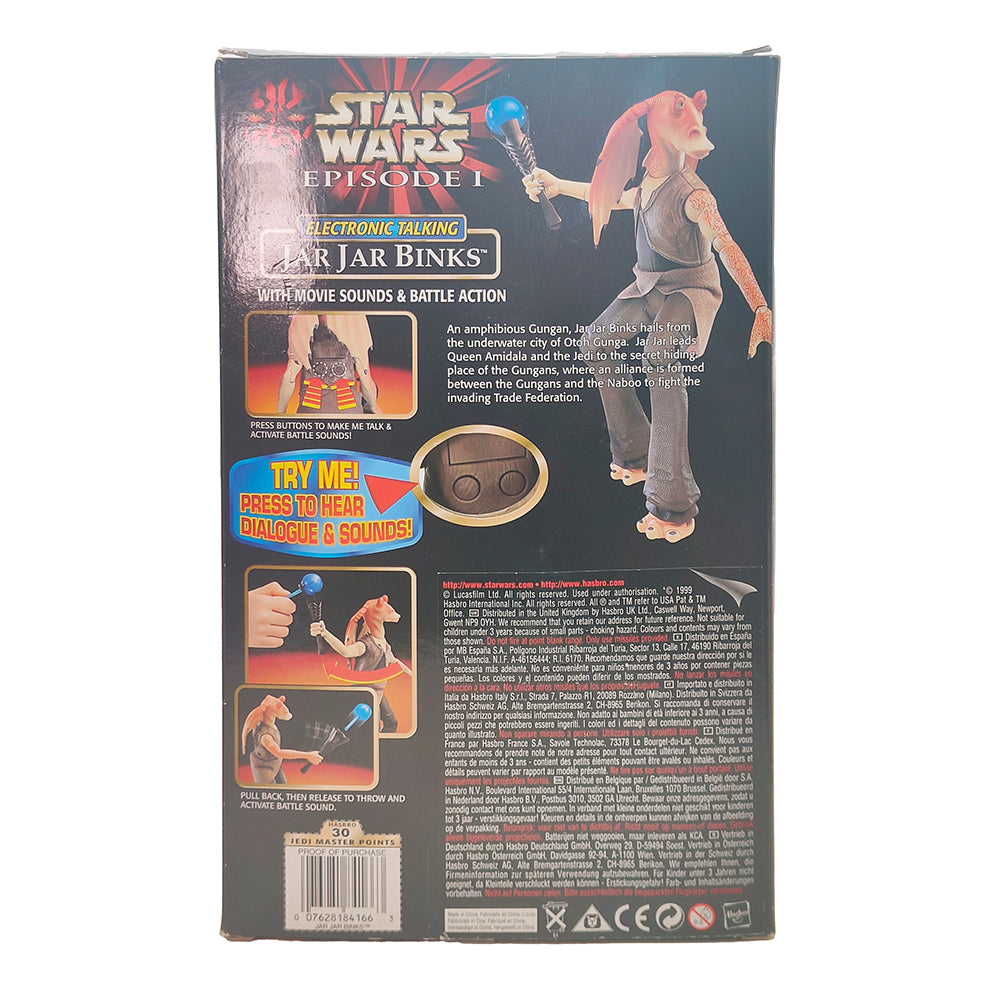 Star Wars Episode 1 Electronic Talking Jar Jar Binks With Movie Sounds and Battle Action 30 cm Action Figure Hasbro 1999 – Star Wars, Hasbro, 30 cm, 1999, pre-owned collector piece, Uncanny Collectibles Dublin Ireland