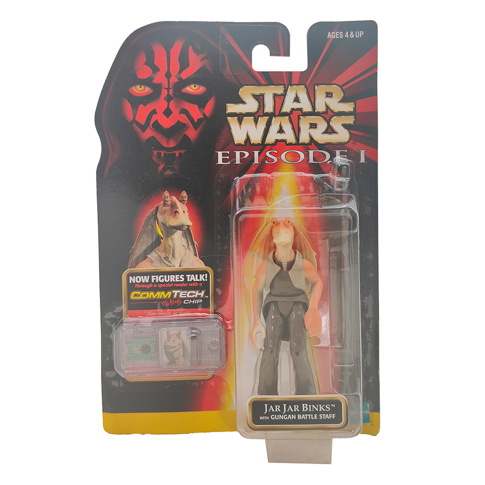Star Wars Episode 1 Jar Jar Binks With Gungan Battle Staff CommTech Chip 3.75 Inch Action Figure Hasbro 1999 – Star Wars, Hasbro, 9.5 cm, 1999, pre-owned collector piece, Uncanny Collectibles Dublin Ireland