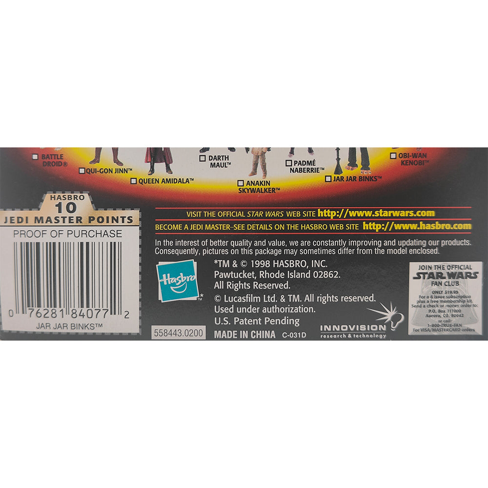 Star Wars Episode 1 Jar Jar Binks With Gungan Battle Staff CommTech Chip 3.75 Inch Action Figure Hasbro 1999 – Star Wars, Hasbro, 9.5 cm, 1999, pre-owned collector piece, Uncanny Collectibles Dublin Ireland