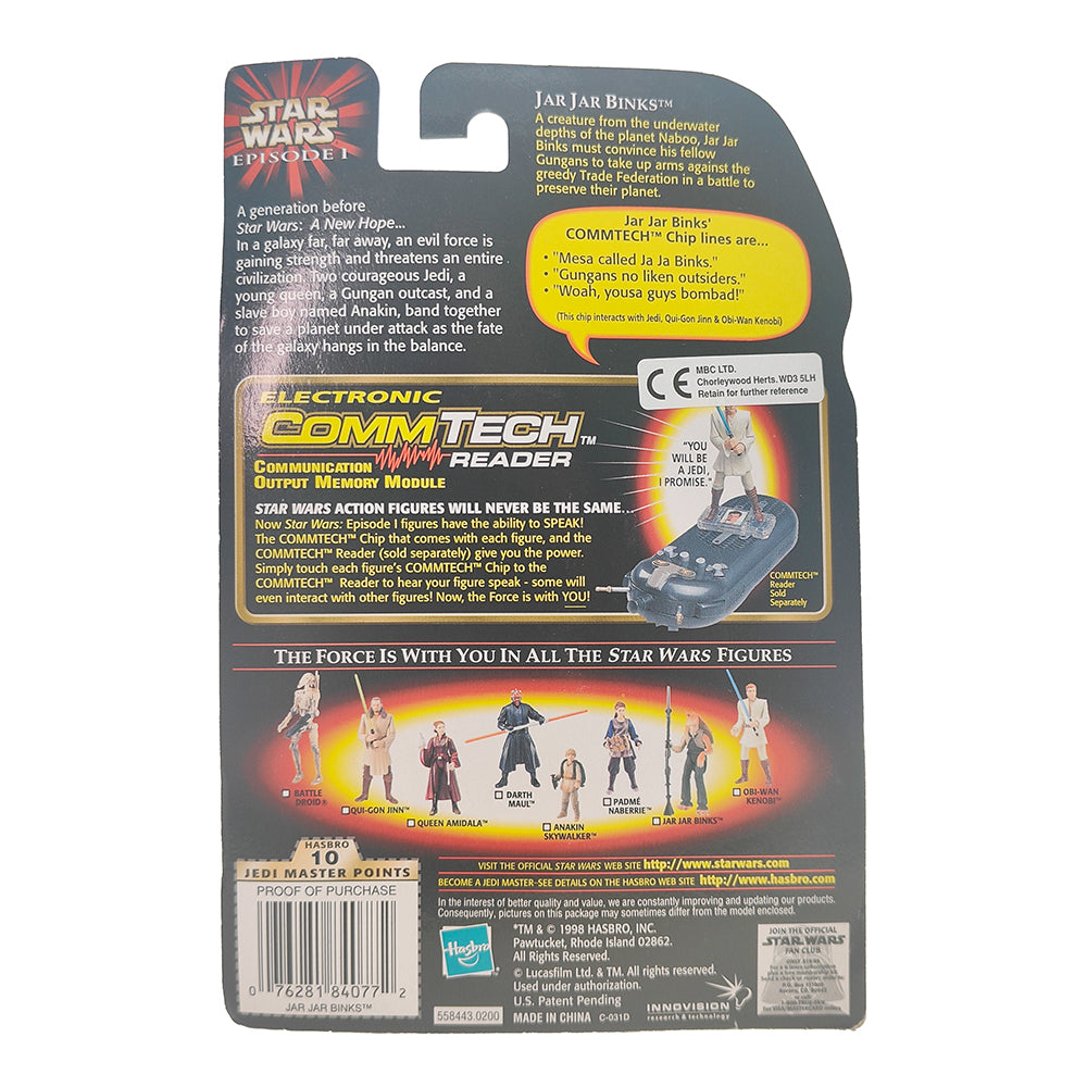 Star Wars Episode 1 Jar Jar Binks With Gungan Battle Staff CommTech Chip 3.75 Inch Action Figure Hasbro 1999 – Star Wars, Hasbro, 9.5 cm, 1999, pre-owned collector piece, Uncanny Collectibles Dublin Ireland