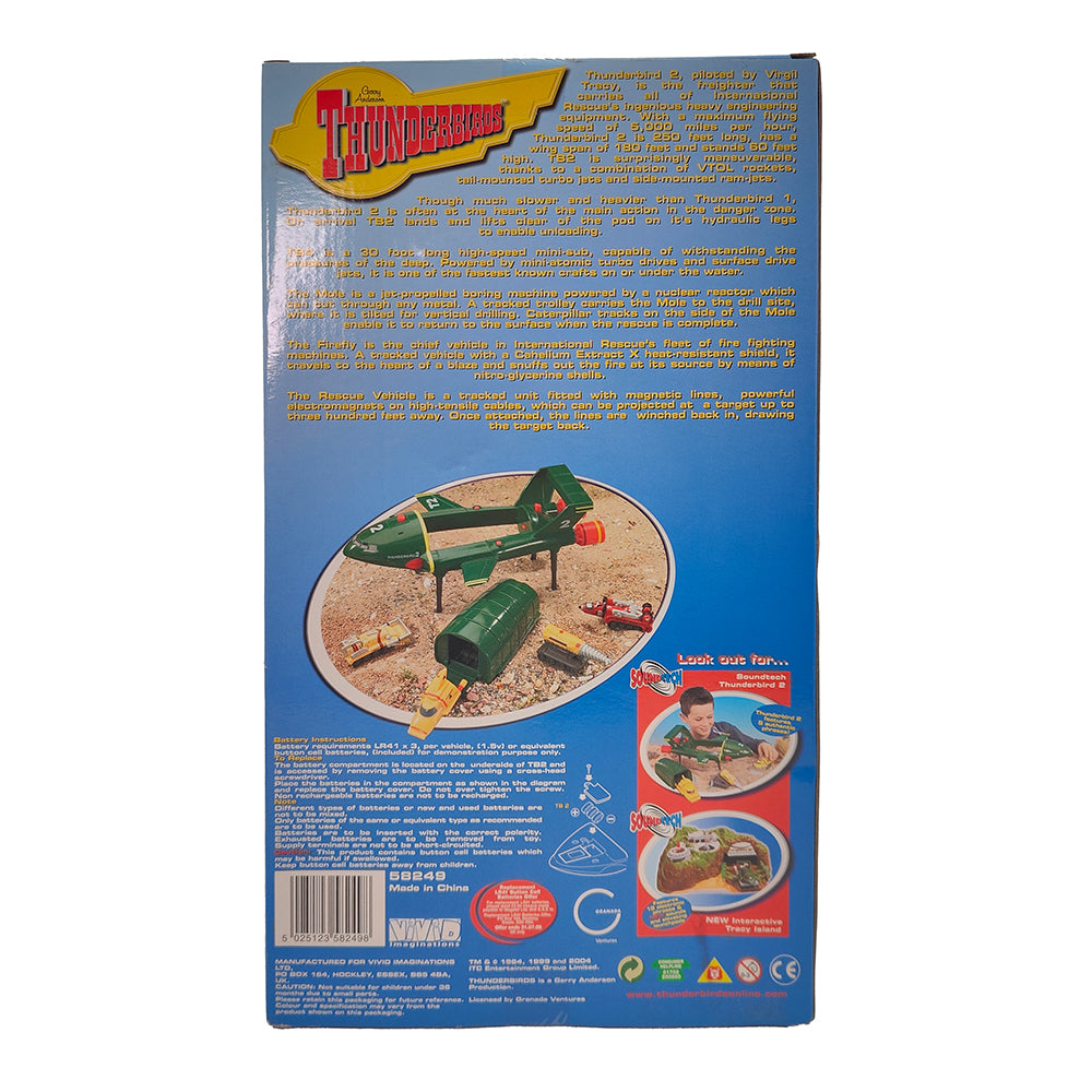 Thunderbirds Soundtech Thunderbird 2 And 4 With Mole Firely And Rescue Vehicle Vivid Imaginations 2004 – Thunderbirds, Vivid Imaginations, 14 cm, 2004, pre-owned collector piece, Uncanny Collectibles Dublin Ireland