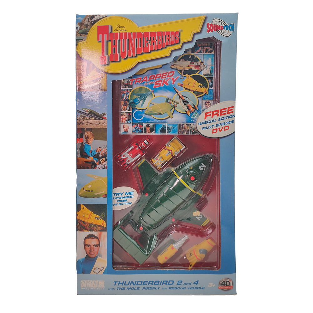 Thunderbirds Soundtech Thunderbird 2 And 4 With Mole Firely And Rescue Vehicle Vivid Imaginations 2004 – Thunderbirds, Vivid Imaginations, 14 cm, 2004, pre-owned collector piece, Uncanny Collectibles Dublin Ireland