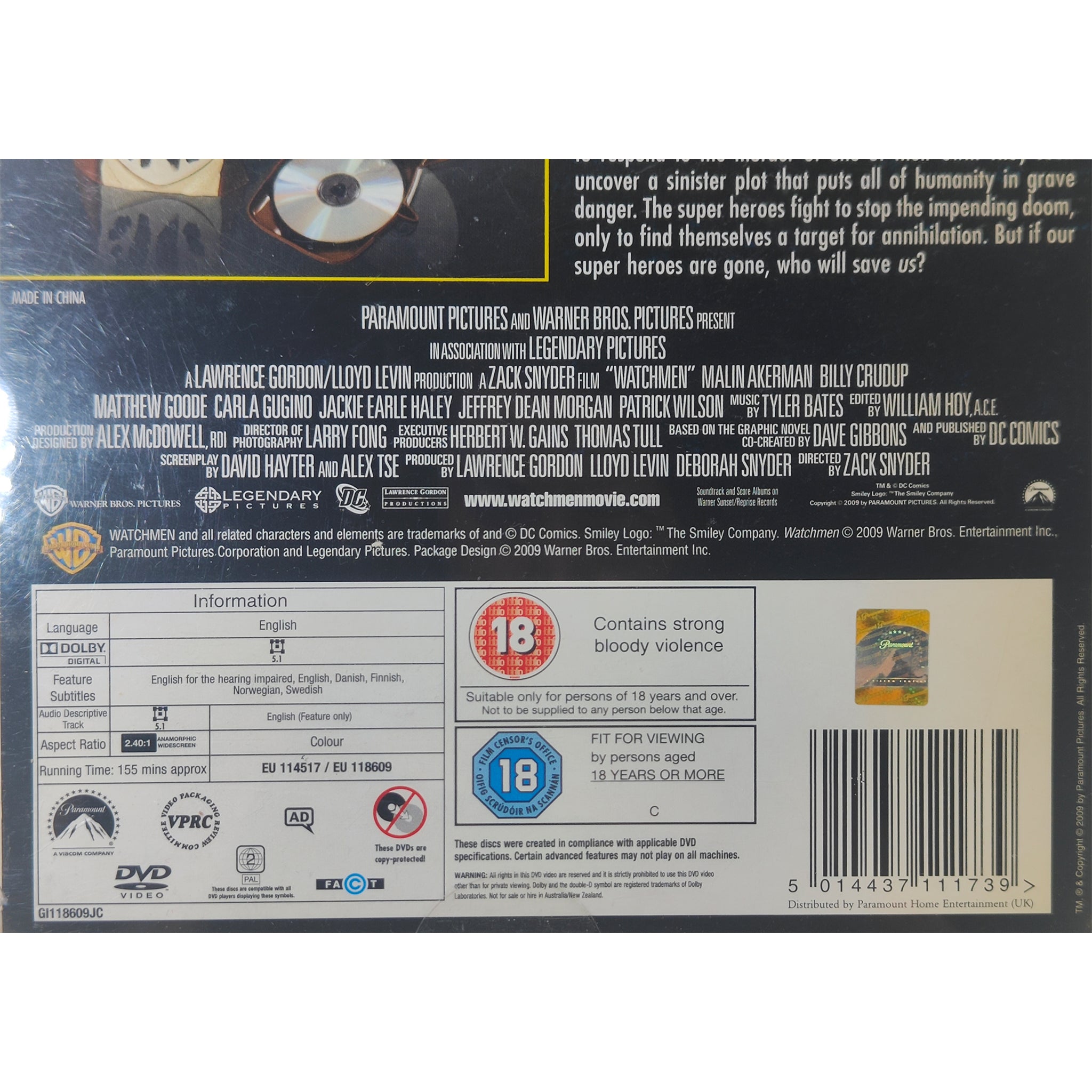 Watchmen Rorschach Mask Case Limited Edition 2 Disc DVD 2009 Region 2 PAL