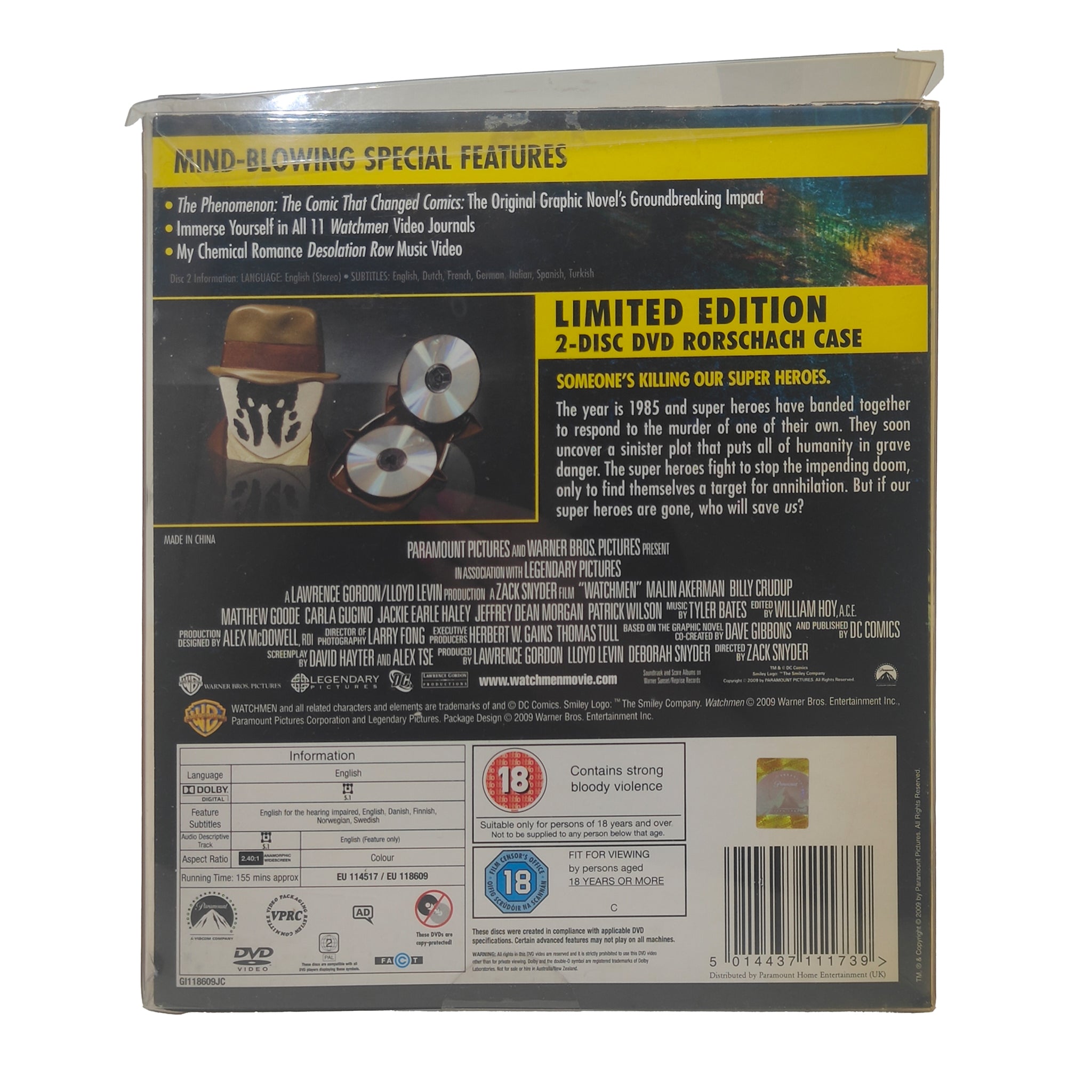 Watchmen Rorschach Mask Case Limited Edition 2 Disc DVD 2009 Region 2 PAL